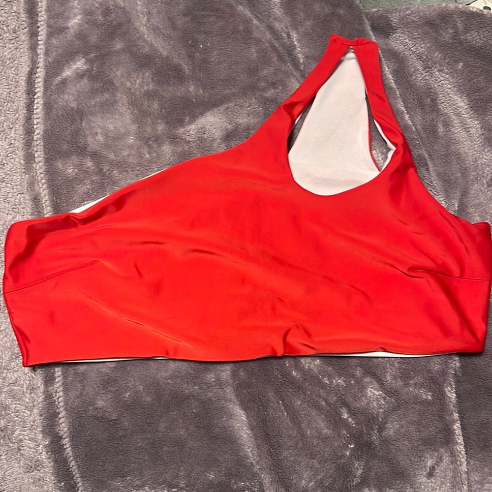 Red one shoulder cut out bikini top